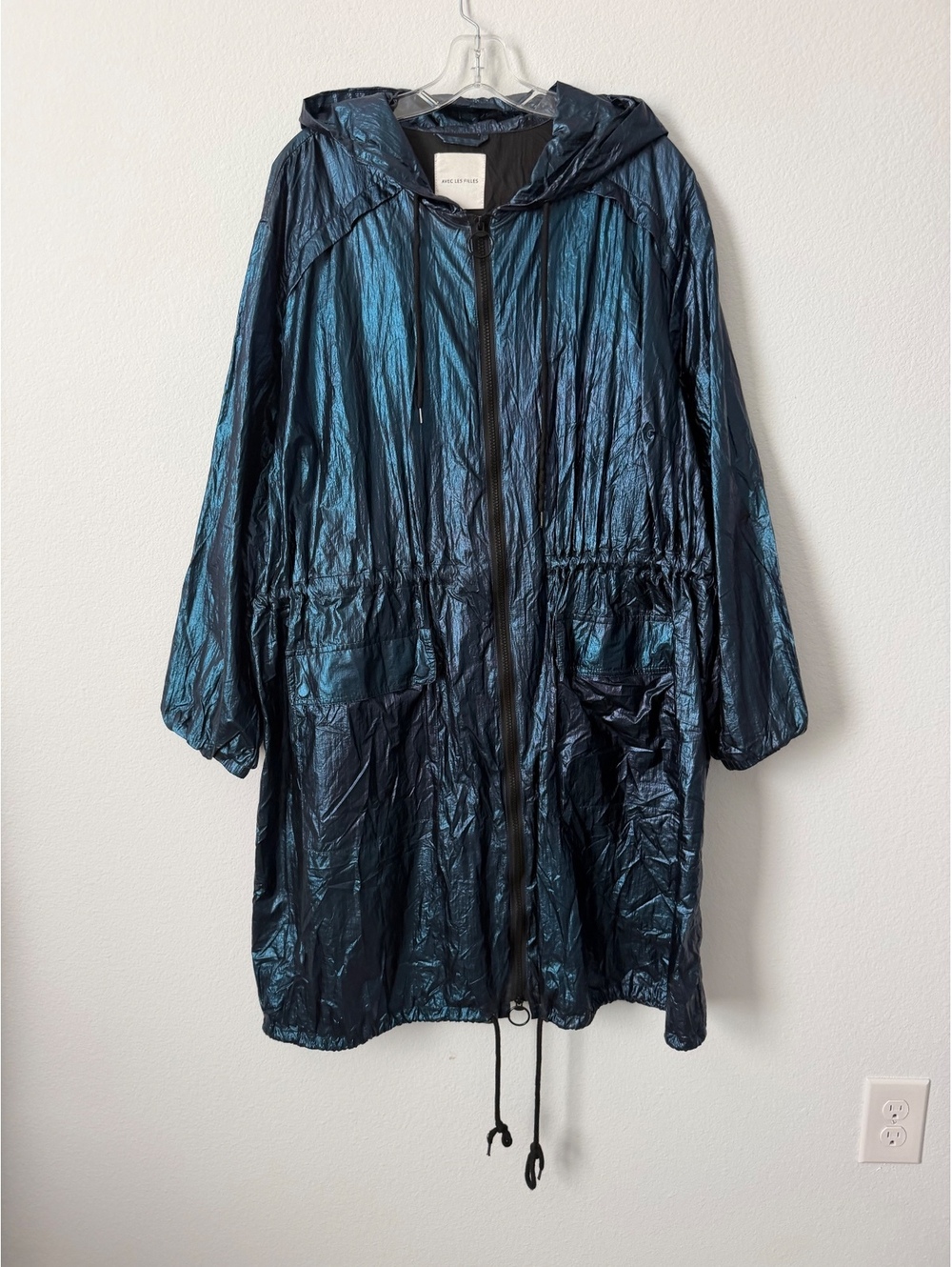 Avec Les Filles Teal Tone Metallic Long Sleeve Zip Up Hooded Rain Jacket Size L